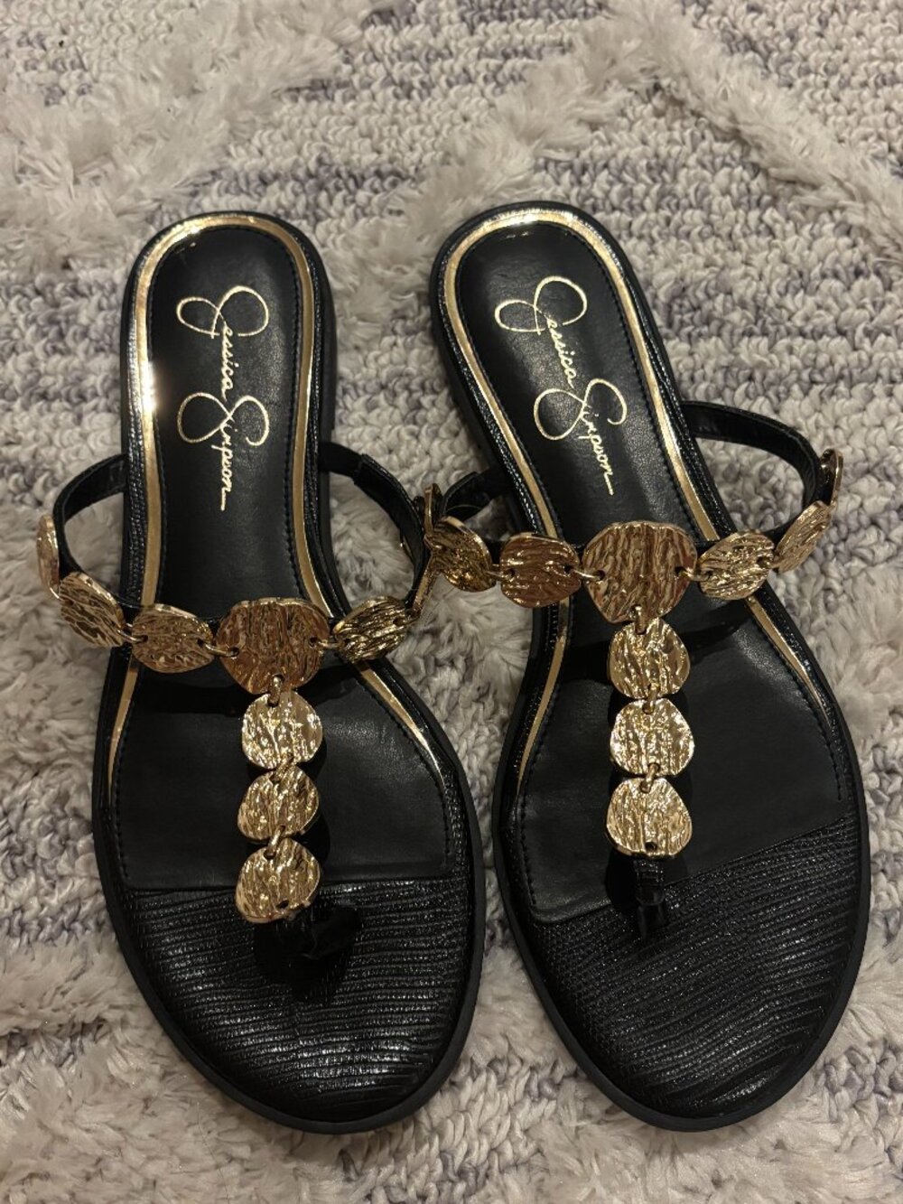 Jessica Simpson Black Sandal with Gold Disc Accent